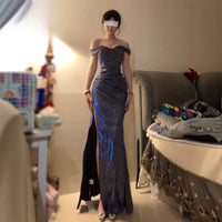 Blue Sparkle One-Shoulder Slit Dress