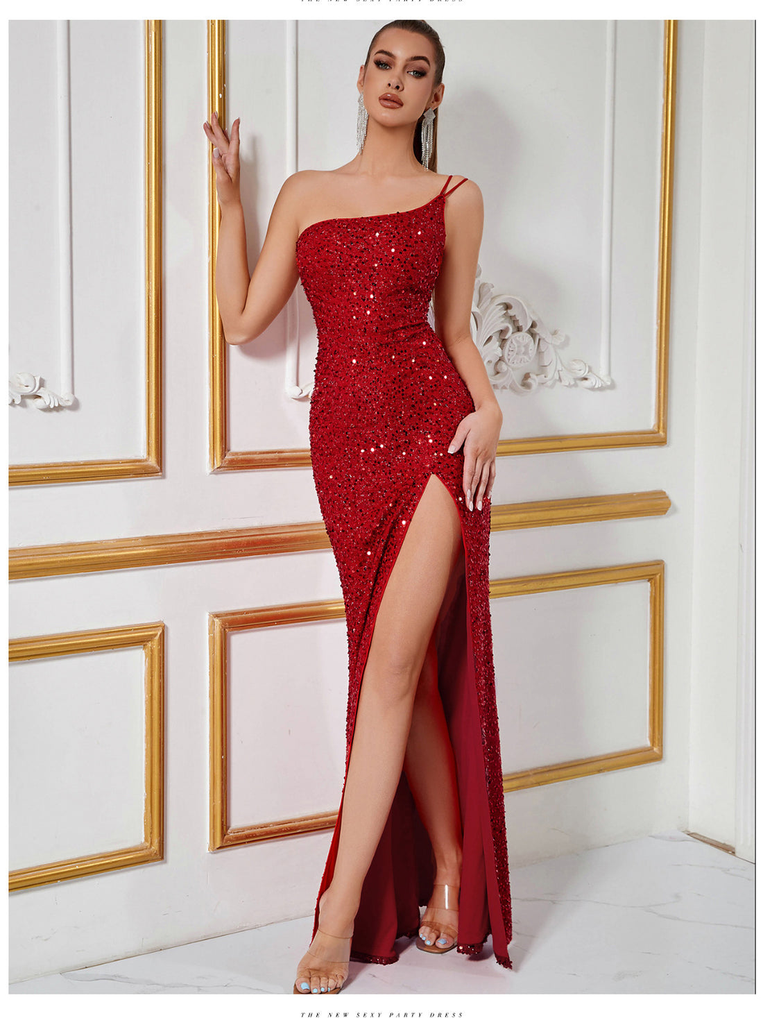 One-Shoulder Sequin High-Slit Evening Dress