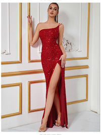 One-Shoulder Sequin High-Slit Evening Dress