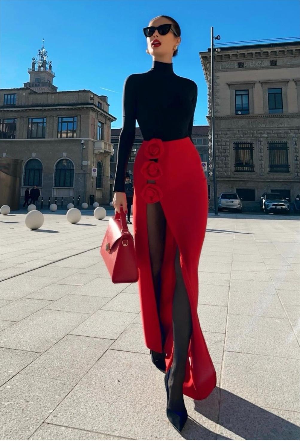 Red Rose High-Slit Maxi Skirt