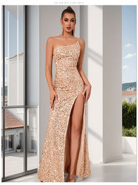 One-Shoulder Sequin High-Slit Evening Dress