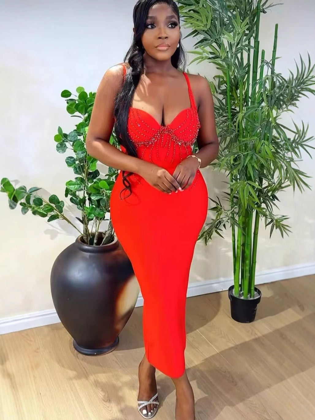 V-Neck Beaded Bandage Party Dress