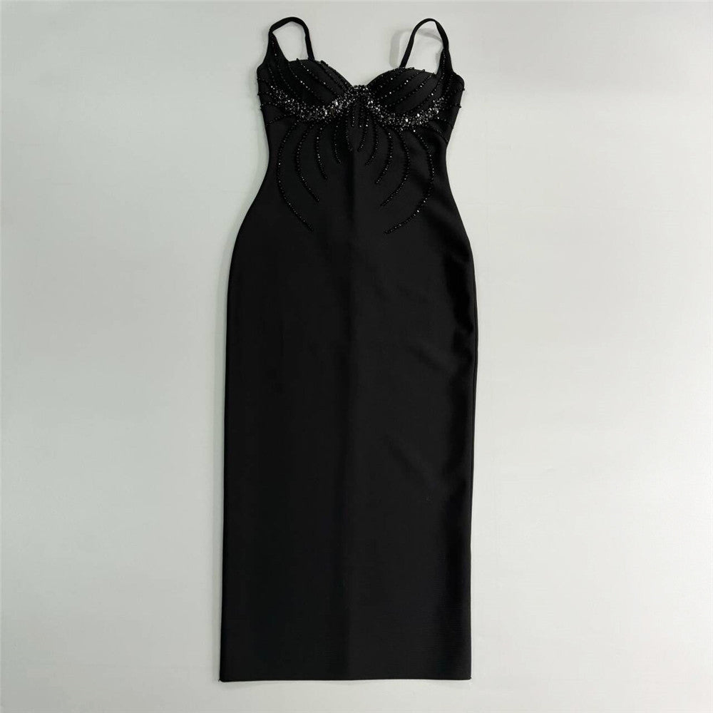V-Neck Beaded Bandage Party Dress