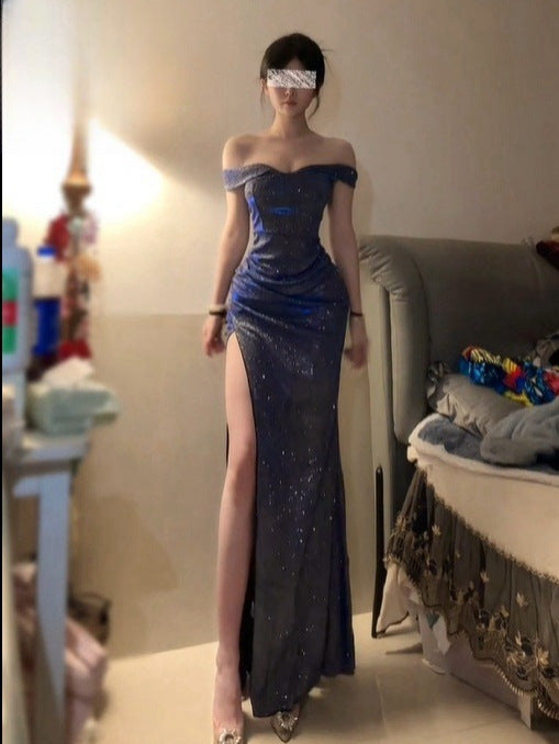 Blue Sparkle One-Shoulder Slit Dress