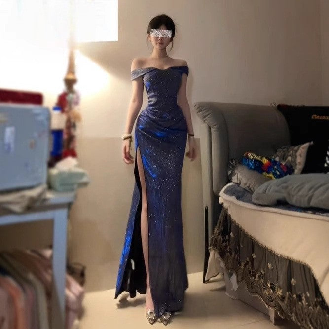 Blue Sparkle One-Shoulder Slit Dress