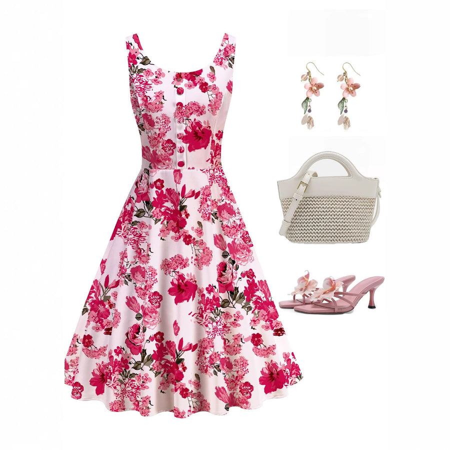 1950s Retro Printed A-Line Prom Dress