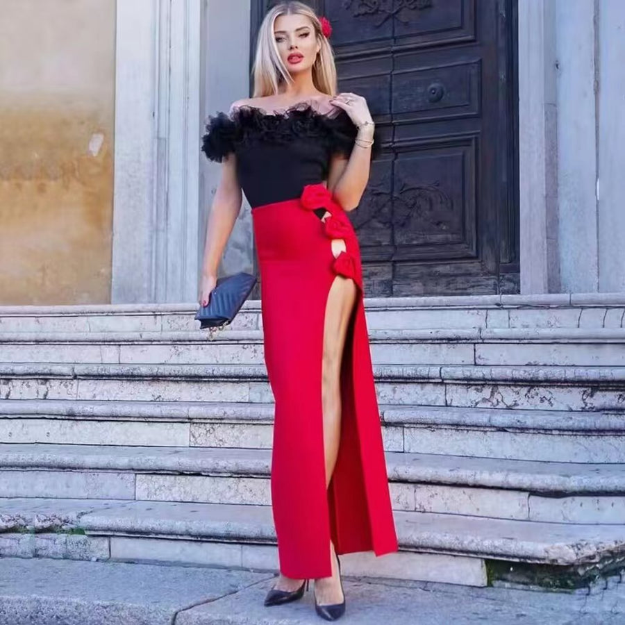 Red Rose High-Slit Maxi Skirt
