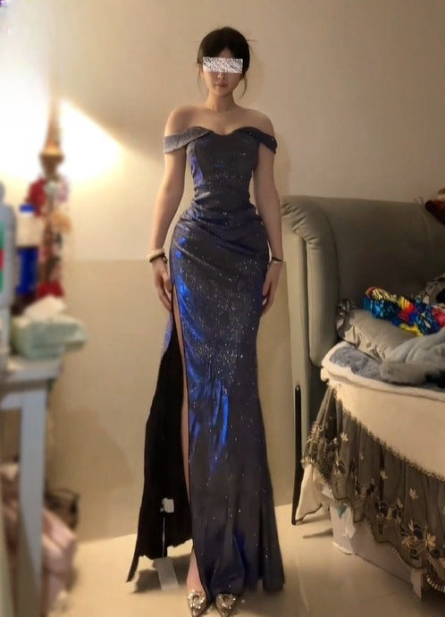 Blue Sparkle One-Shoulder Slit Dress