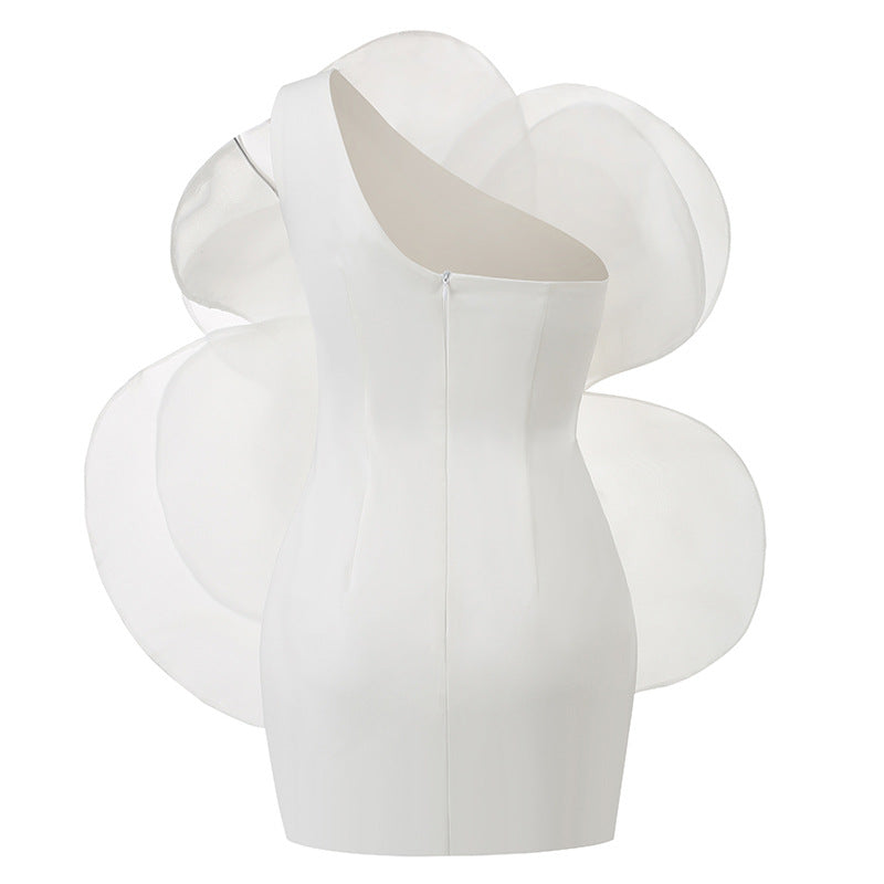 One-Shoulder White Floral Wedding Party Dress