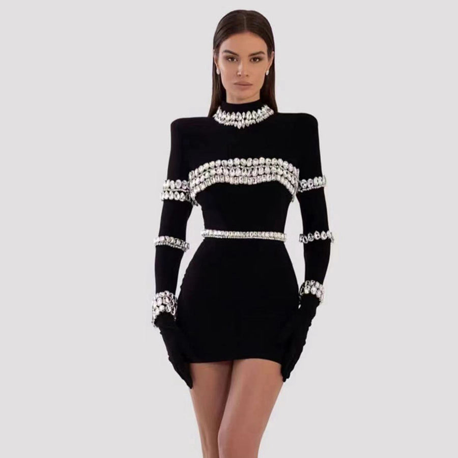 Black Stand-Collar Crystal Bandage Dress