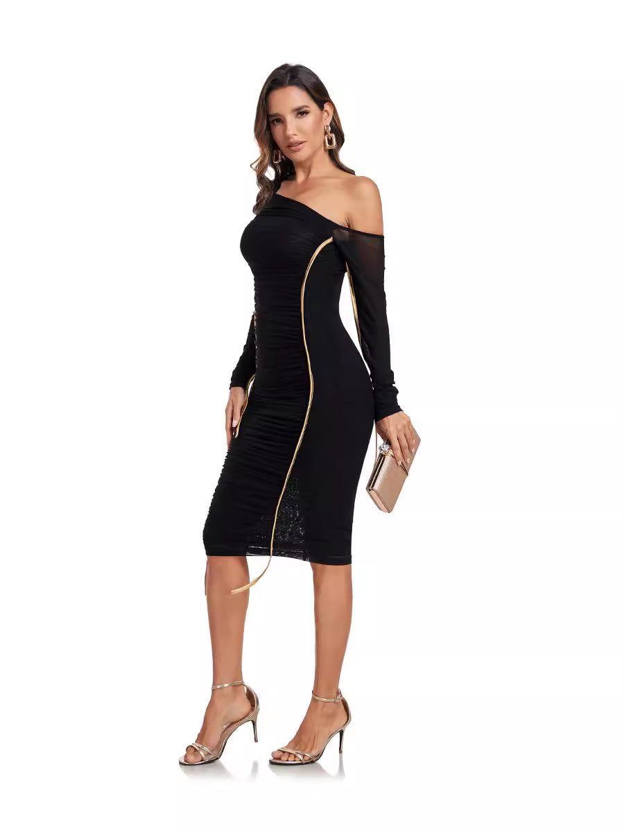 Mesh Cross-Shoulder Long Sleeve Party Dress