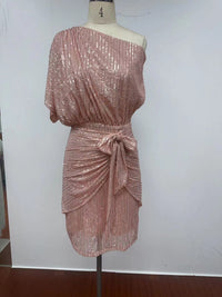 Blush One-Shoulder Sequin Cocktail Dress