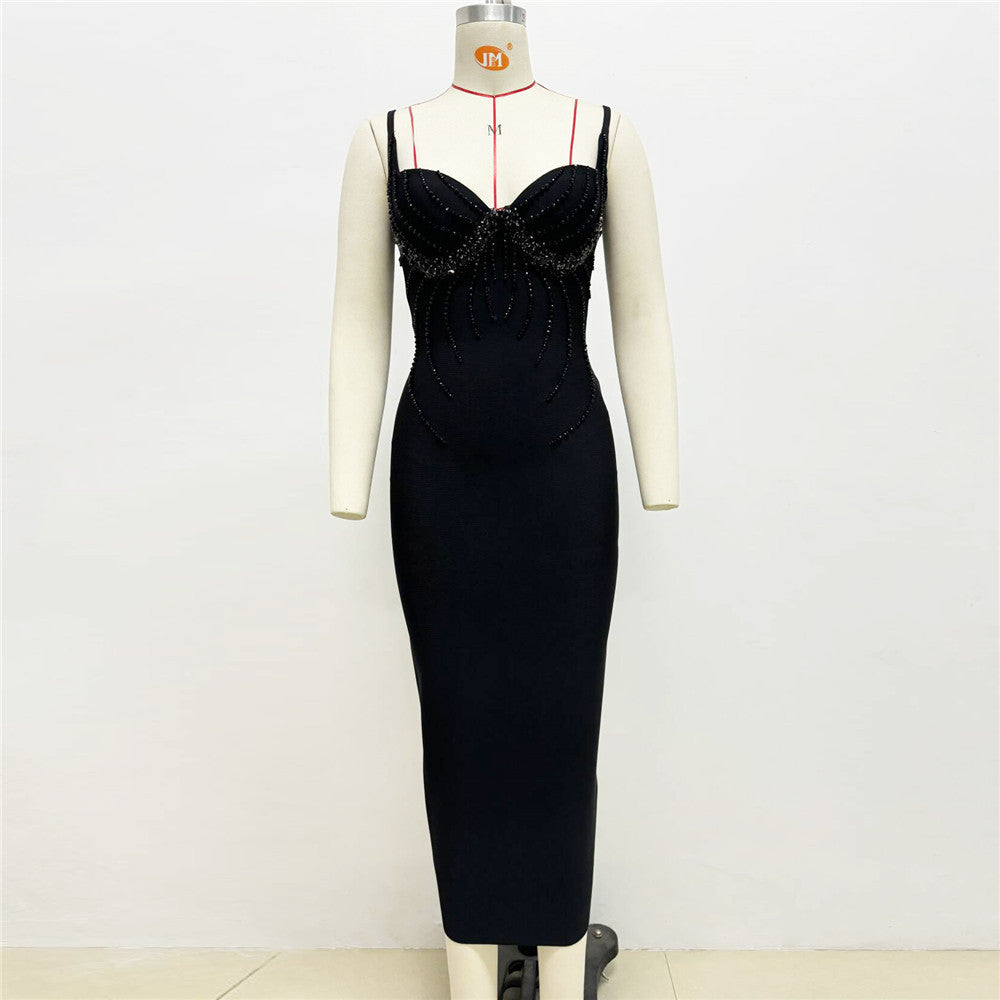 V-Neck Beaded Bandage Party Dress