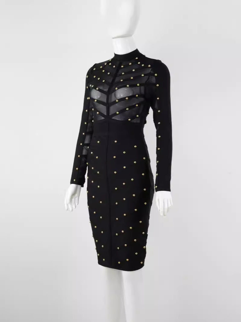 Mesh Long Sleeve Bandage Party Dress