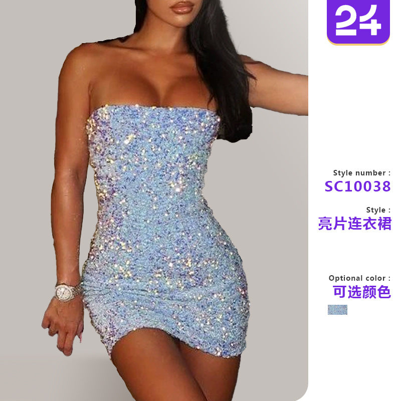 Sky Blue Strapless Sequin Split Dress