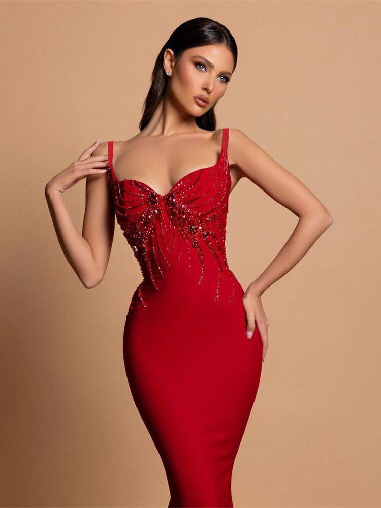 V-Neck Beaded Bandage Party Dress