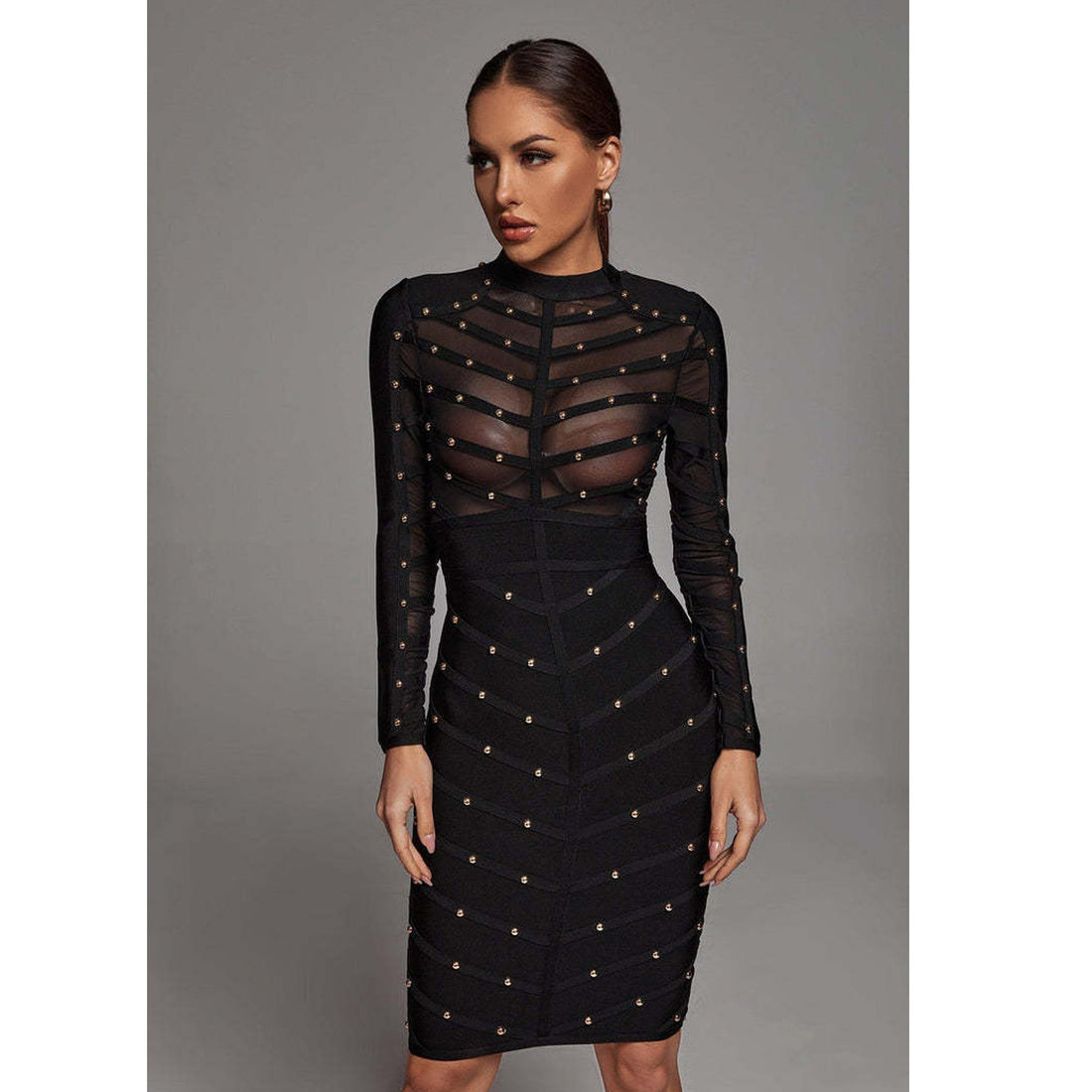 Mesh Long Sleeve Bandage Party Dress