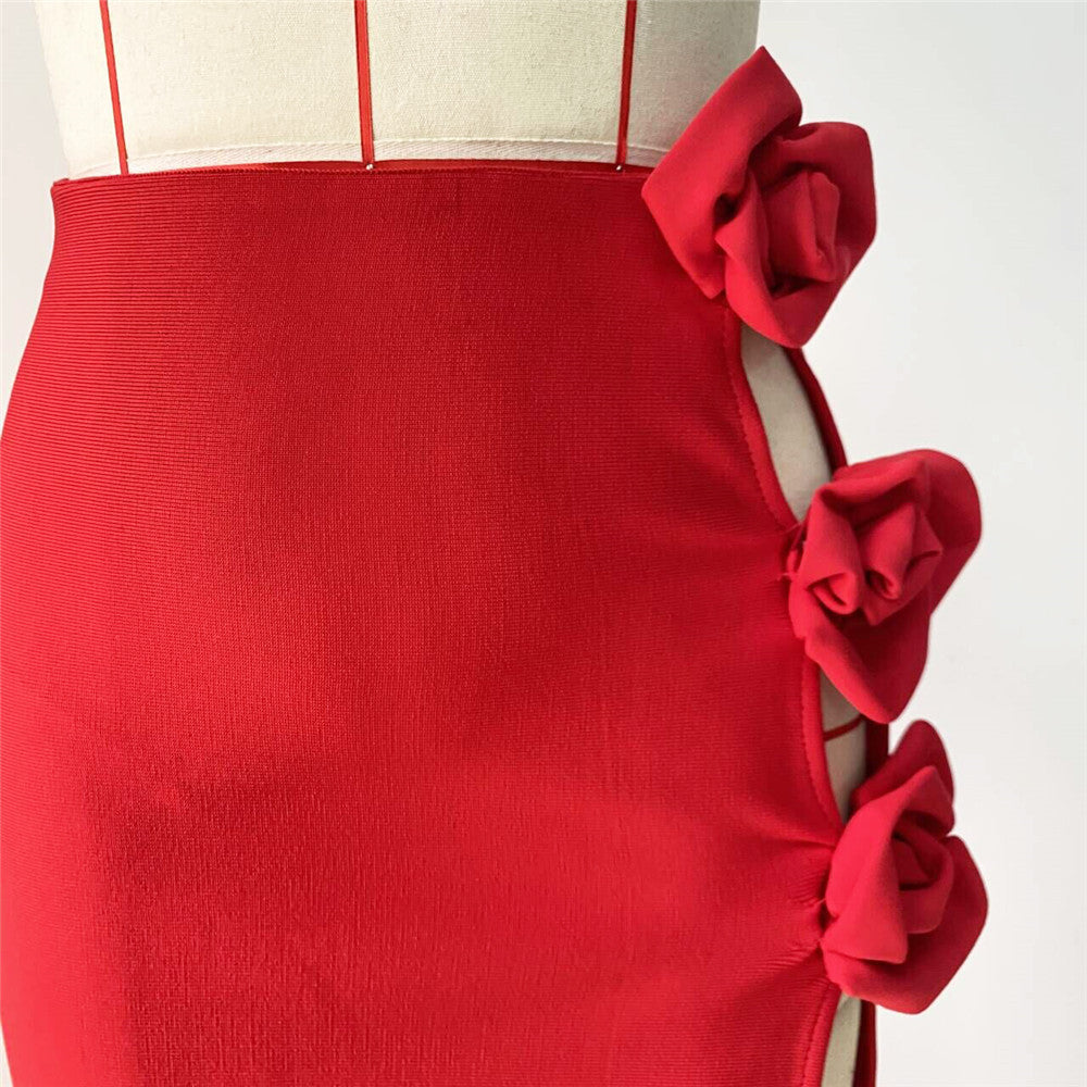 Red Rose High-Slit Maxi Skirt