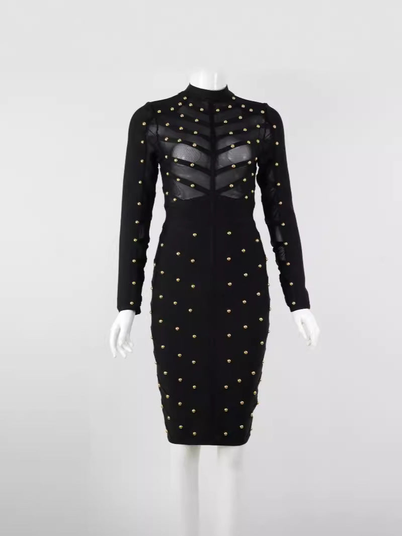 Mesh Long Sleeve Bandage Party Dress