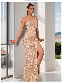 One-Shoulder Sequin High-Slit Evening Dress