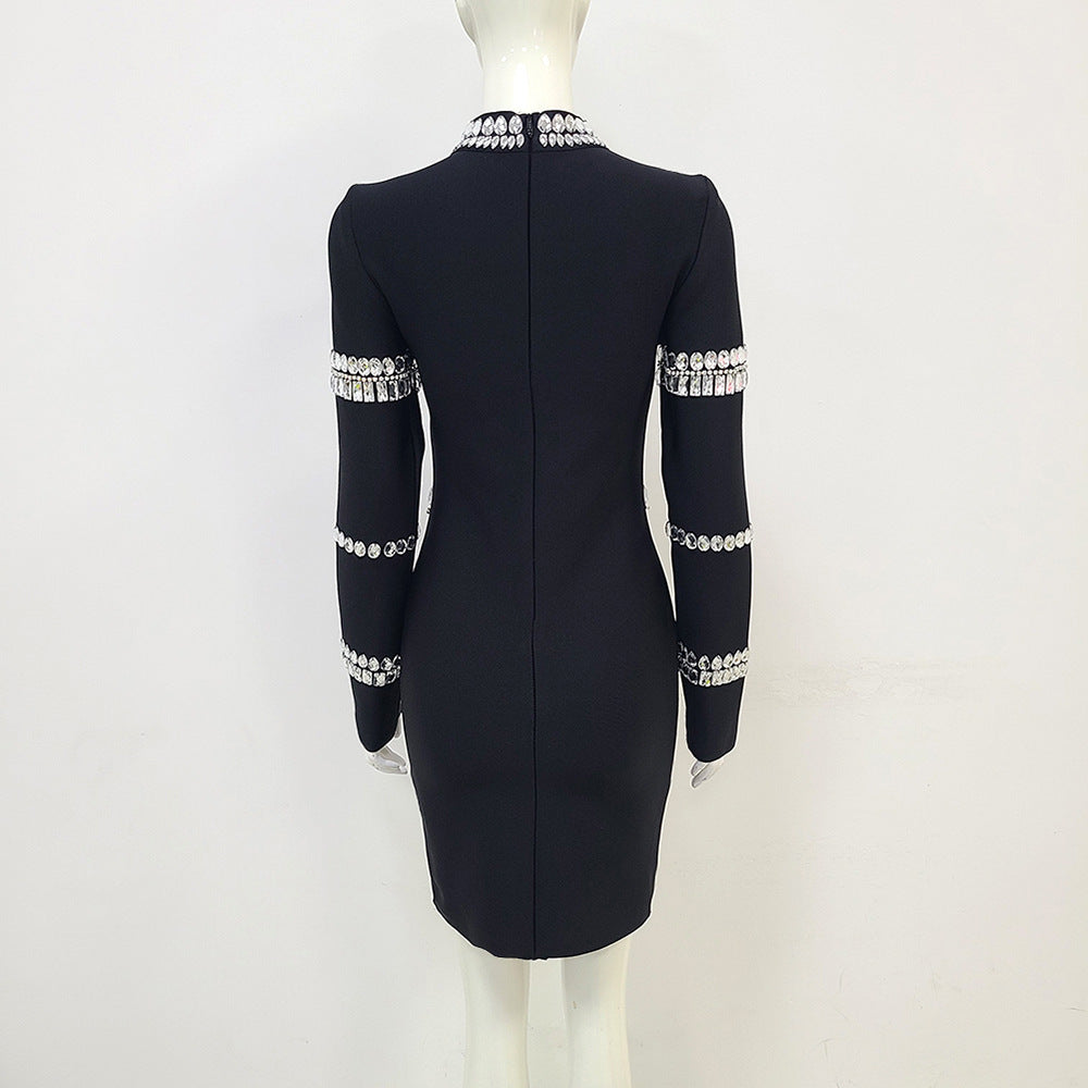 Black Stand-Collar Crystal Bandage Dress