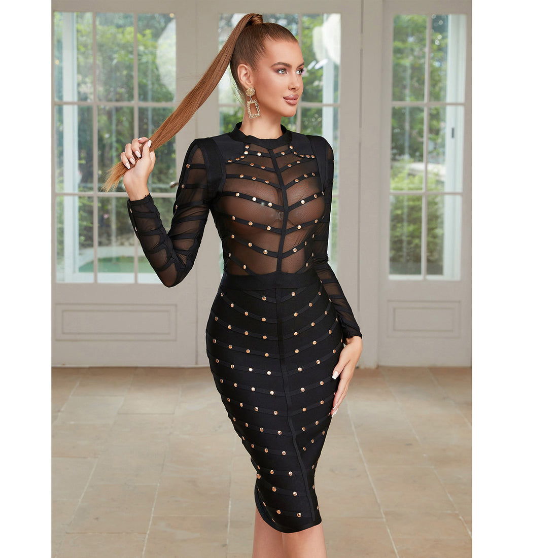 Mesh Long Sleeve Bandage Party Dress