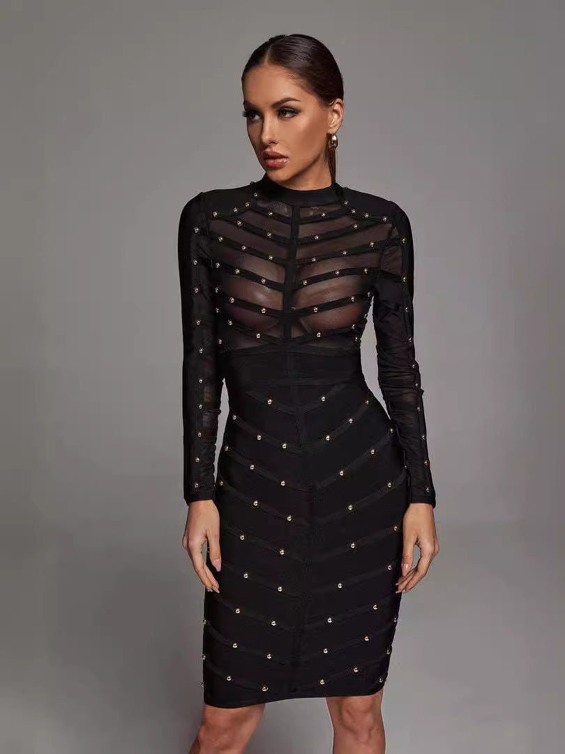 Mesh Long Sleeve Bandage Party Dress