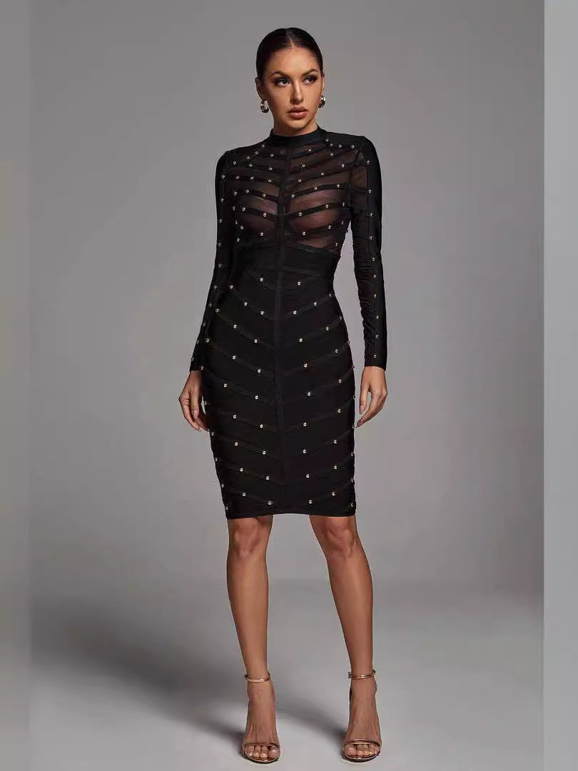 Mesh Long Sleeve Bandage Party Dress