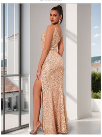 One-Shoulder Sequin High-Slit Evening Dress