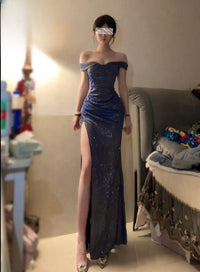 Blue Sparkle One-Shoulder Slit Dress