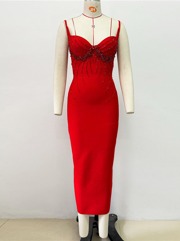 V-Neck Beaded Bandage Party Dress