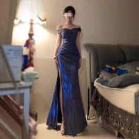 Blue Sparkle One-Shoulder Slit Dress