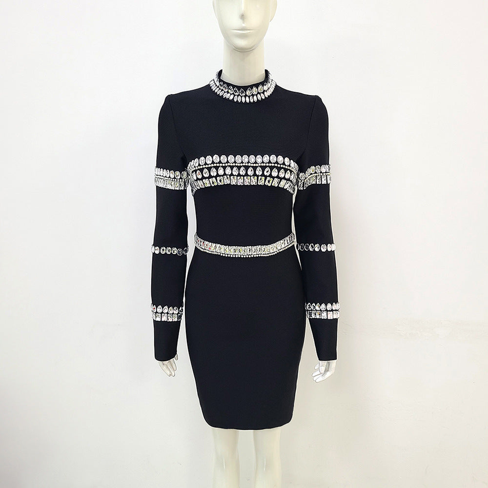 Black Stand-Collar Crystal Bandage Dress