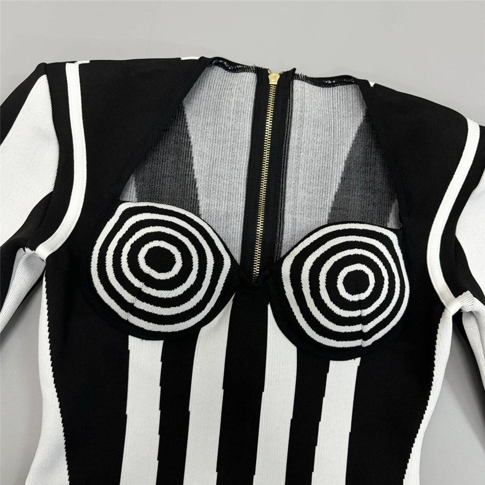 Striped Long Sleeve Bandage Dress