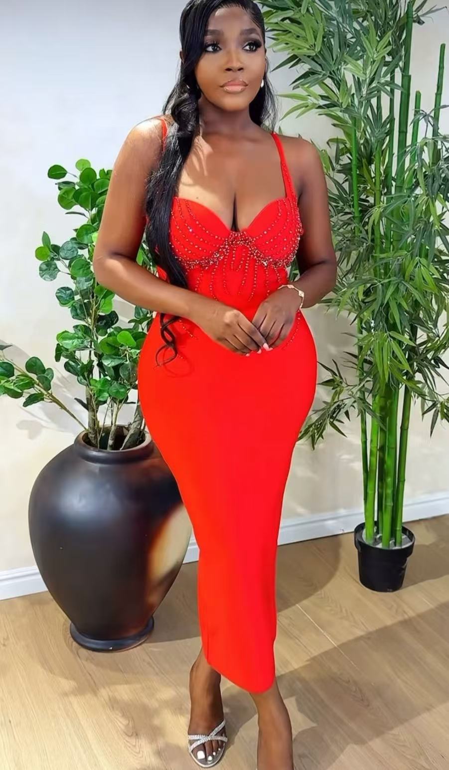 V-Neck Beaded Bandage Party Dress
