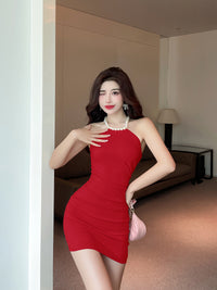 Pearl-Neck Slim Party Dress