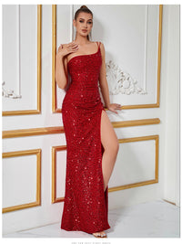 One-Shoulder Sequin High-Slit Evening Dress
