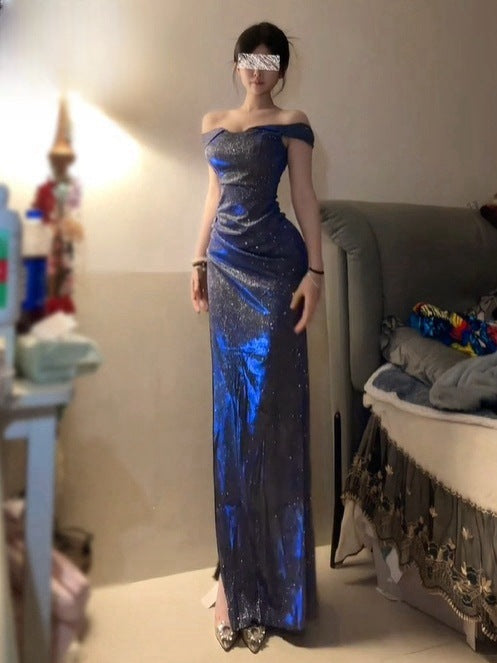 Blue Sparkle One-Shoulder Slit Dress