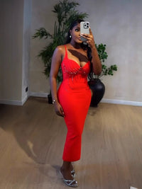 V-Neck Beaded Bandage Party Dress