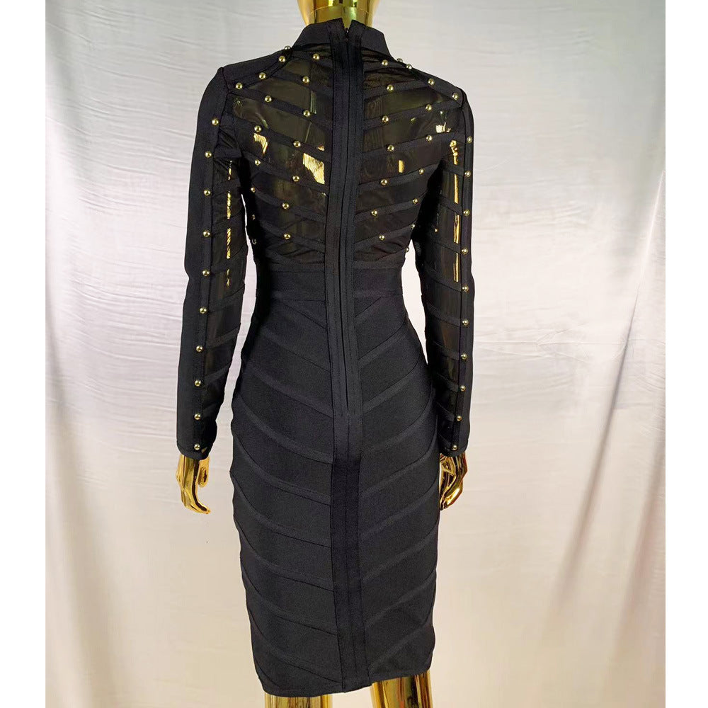 Mesh Long Sleeve Bandage Party Dress