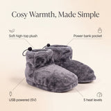 Heated foot warmer boots features: soft high-top plush, USB powered 5V, 5 heat levels, power bank pocket