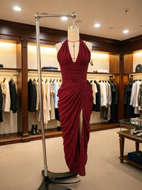 Close-up of the ruched corset bodice on the mesh evening gown