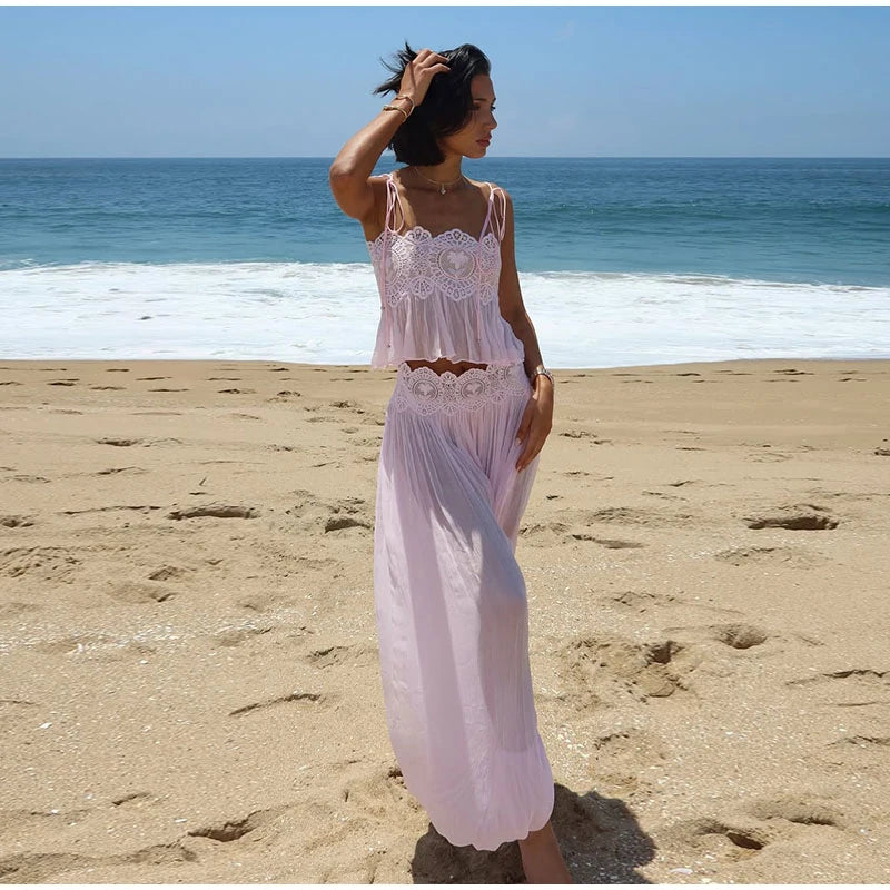 Women's Sheer Lace Backless Spaghetti Strap Top & Wide-Leg Pant Set – Beach Chic 2-Piece Suit