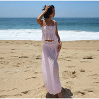 Women's Sheer Lace Backless Spaghetti Strap Top & Wide-Leg Pant Set – Beach Chic 2-Piece Suit