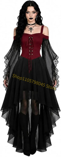 Women Medieval Gothic Vampire Witch Costume Butterfly Mesh Long Sleeve Irregular Hem Dress, For Halloween Carnival Theme Party