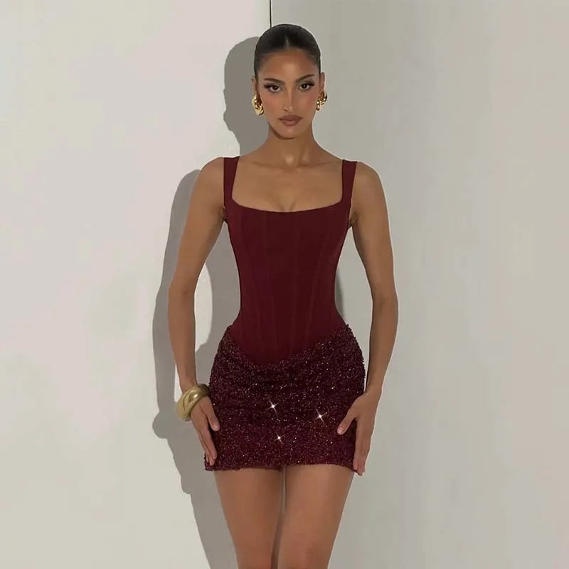 Burgundy Corset Sequin Mini Dress – Wine Party Dress