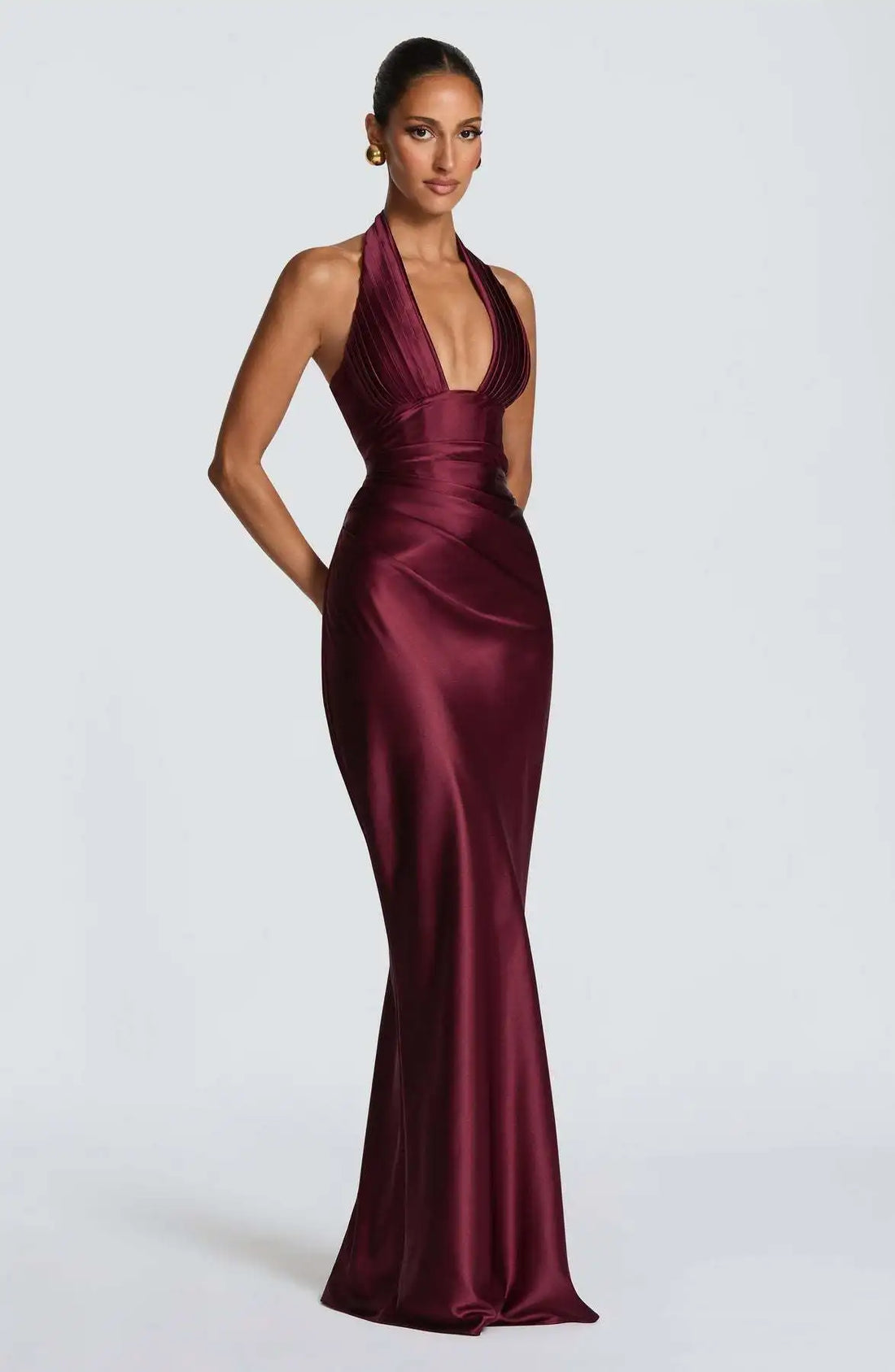 Olive Satin Plunge Halter Maxi Gown – Green Evening Dress