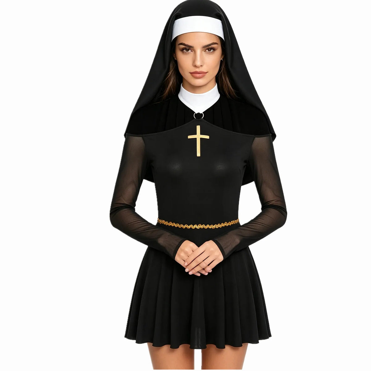Womens Naughty Nun Evil Cosplay Costume And Coif O-ring Mesh Culottes Gothic Nun Maid Dress with Headscarf for Halloween Party