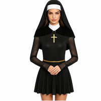 Womens Naughty Nun Evil Cosplay Costume And Coif O-ring Mesh Culottes Gothic Nun Maid Dress with Headscarf for Halloween Party