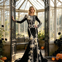 Halloween White Bone Skeleton Embroidered Long Sleeved Dress Dark Rose Printing Flower Slimming Holiday Party Dress 2026